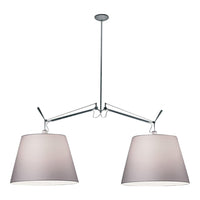 Double pendant lamp with sleek chrome arms and soft white fabric shades, featuring a minimalist design.