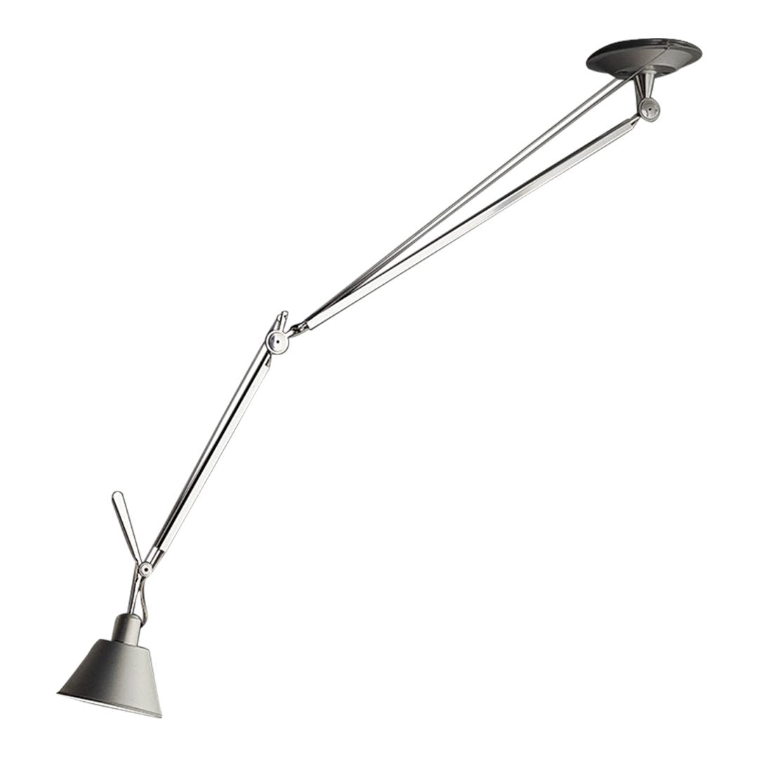 Silver adjustable lamp with sleek design and a glossy shade, featuring clean lines and modern aesthetics.