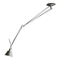 Silver adjustable lamp with sleek design and a glossy shade, featuring clean lines and modern aesthetics.