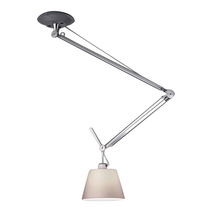Adjustable chrome lamp with a sleek white shade and black ceiling mount. Modern design with clean lines and minimalist style.