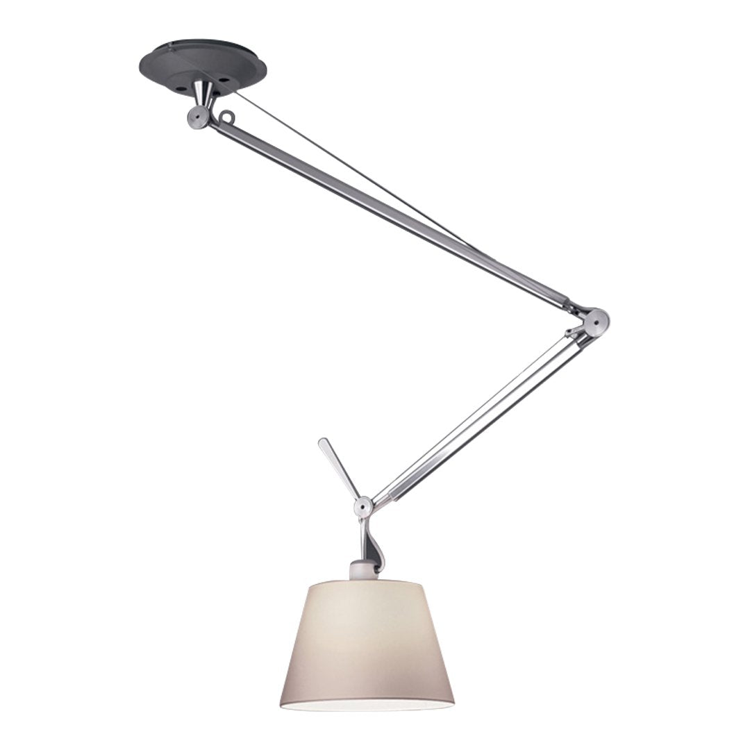 Modern ceiling lamp with a sleek chrome arm and a soft beige shade. Ideal for contemporary decor.