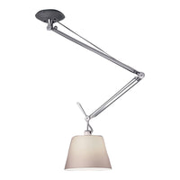 Sleek chrome adjustable lamp with a soft white shade, combining modern elegance with functional design.