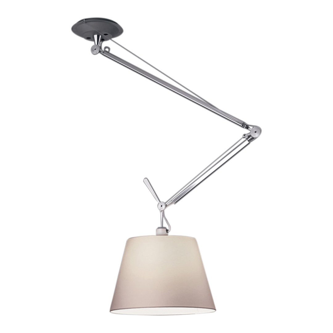 Silver adjustable arm wall lamp with cream fabric shade and black mounting plate. Elegant and modern design.