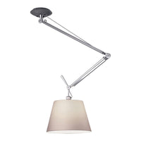 Silver adjustable arm wall lamp with cream fabric shade and black mounting plate. Elegant and modern design.