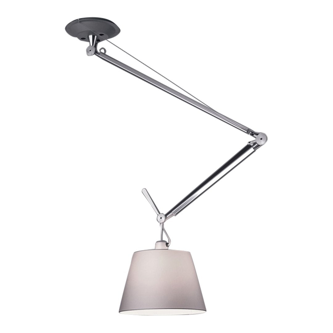 Modern chrome ceiling lamp with a sleek, adjustable arm and a soft, white fabric shade. Perfect for contemporary decor.