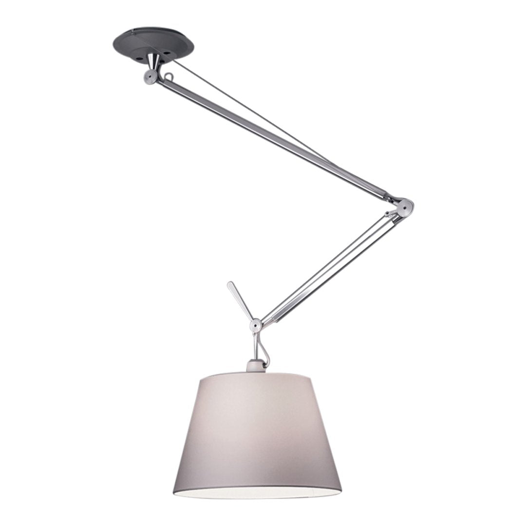 Modern adjustable lamp with a sleek silver arm and soft white fabric shade, creating a minimalist, elegant aesthetic.