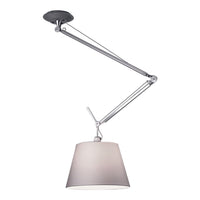 Modern adjustable lamp with a sleek silver arm and soft white fabric shade, creating a minimalist, elegant aesthetic.