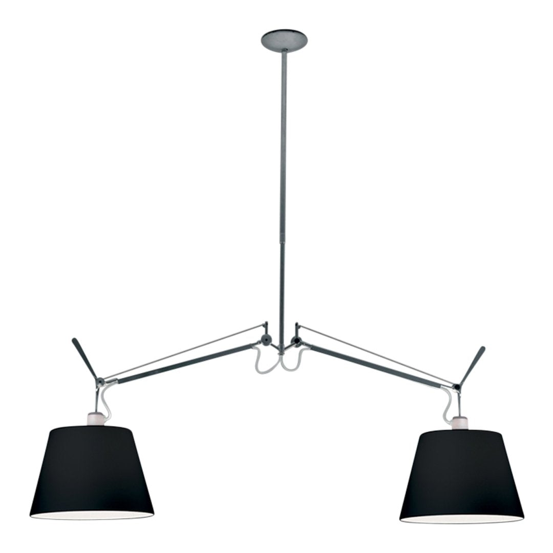 Modern black pendant lamp with sleek chrome accents; minimalist design and clean lines for contemporary decor.