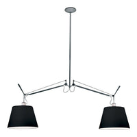 Modern black pendant lamp with sleek chrome accents; minimalist design and clean lines for contemporary decor.