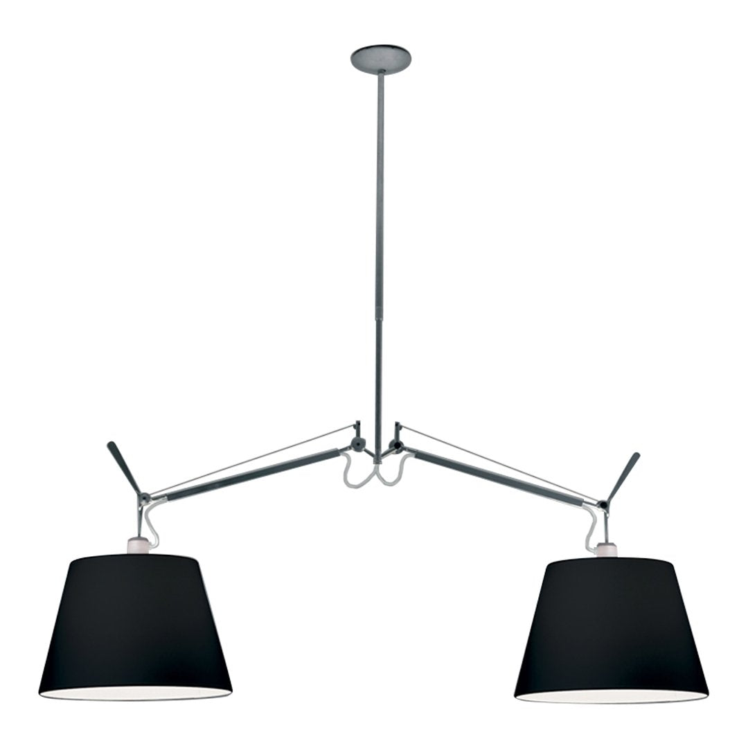 Black double shade pendant light with a sleek chrome finish and modern design, perfect for contemporary decor.