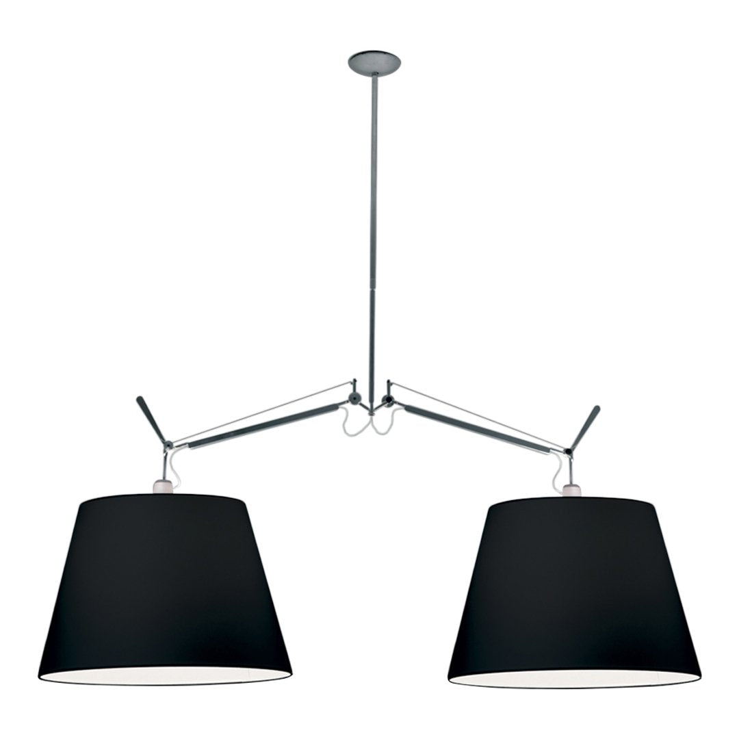 Black double pendant lamp with sleek chrome accents and minimalistic design. Stylish and modern lighting fixture.