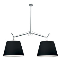 Black double pendant lamp with sleek chrome accents and minimalistic design. Stylish and modern lighting fixture.