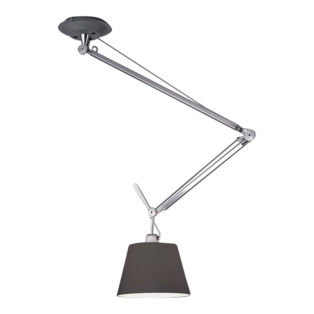 Gray lampshade with a sleek chrome finish and adjustable arm for modern lighting decor.