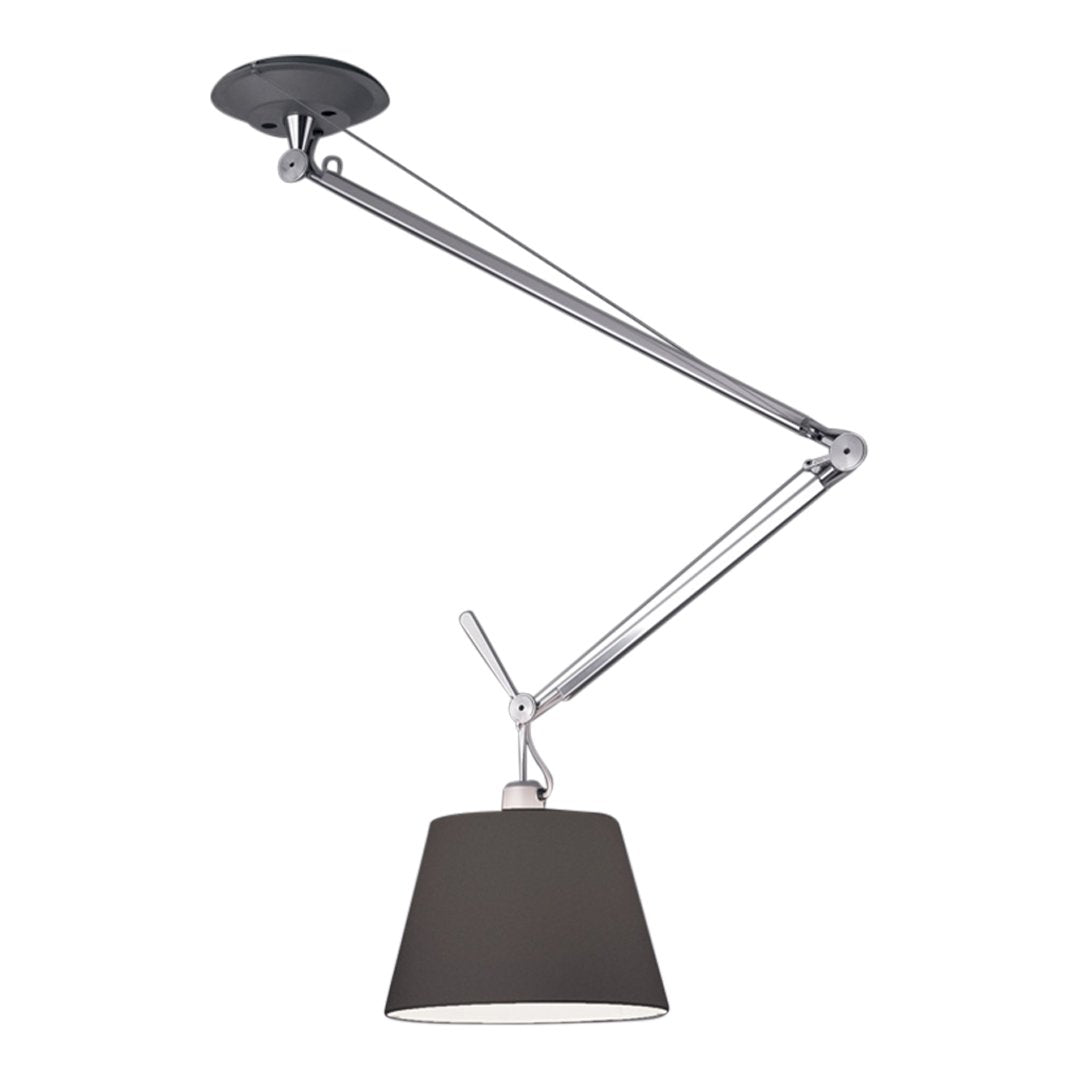 Sleek chrome lamp with a matte black shade, featuring a modern, adjustable design.