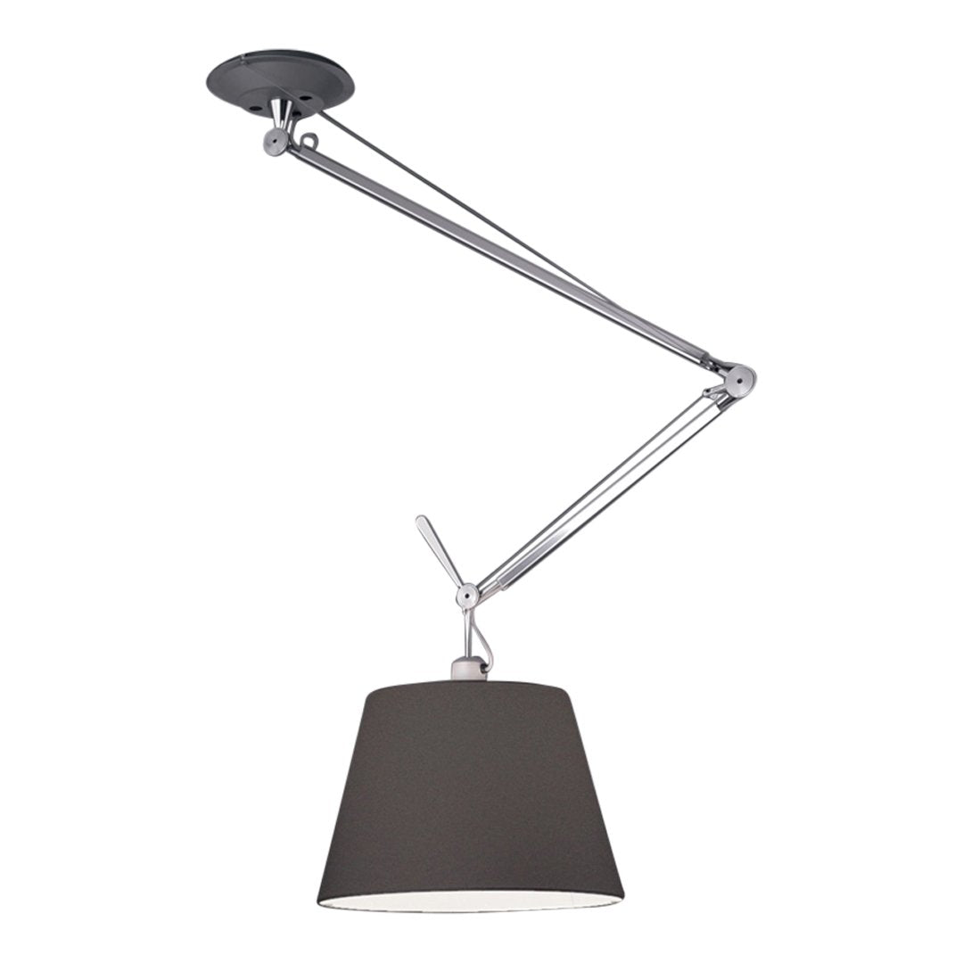 Modern adjustable lamp with a sleek chrome arm and a matte black shade. Ideal for contemporary decor.