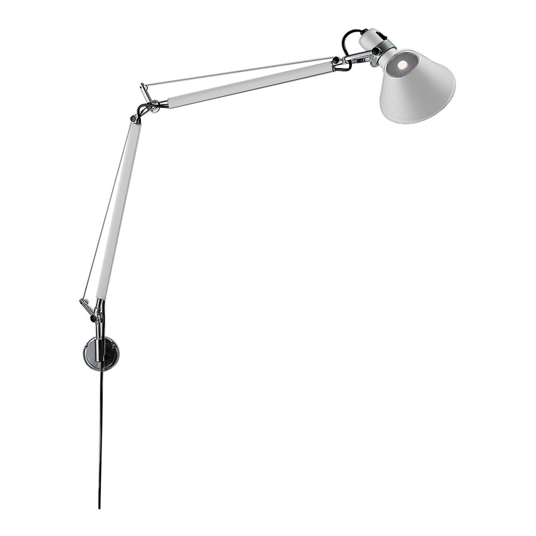 Modern white wall lamp with a sleek design and chrome accents, featuring a minimalist aesthetic.