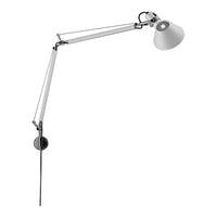 Modern white wall lamp with a sleek design and chrome accents, featuring a minimalist aesthetic.