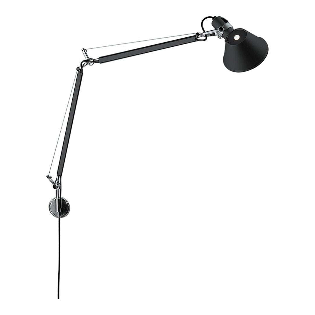 "Black wall-mounted lamp with sleek chrome accents and articulated arm design."