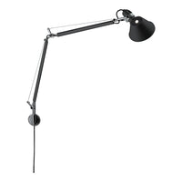 "Black wall-mounted lamp with sleek chrome accents and articulated arm design."