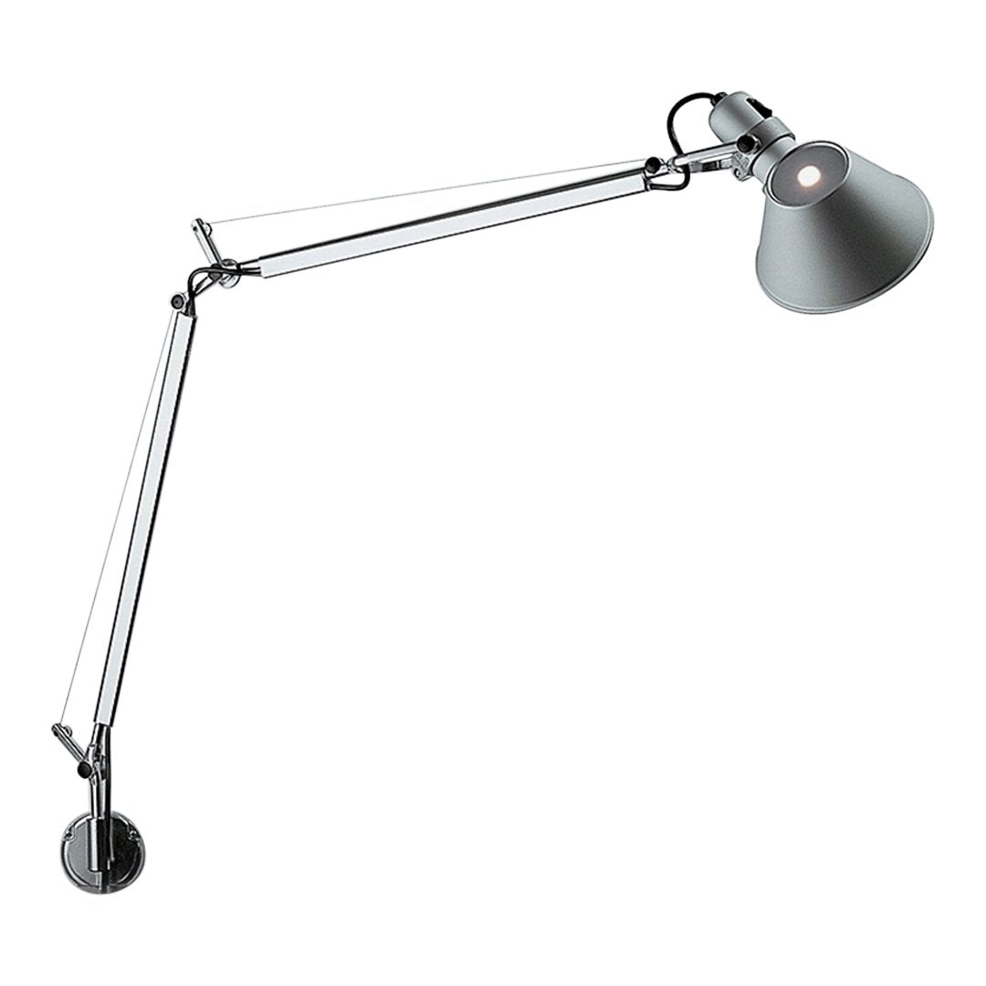 Silver metal desk lamp with a sleek, modern design and a gray shade, featuring clean lines and minimalistic style.