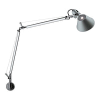 Silver metal desk lamp with a sleek, modern design and a gray shade, featuring clean lines and minimalistic style.