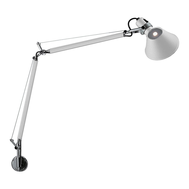 White articulated desk lamp with a sleek design and metallic chrome accents, perfect for modern workspaces.