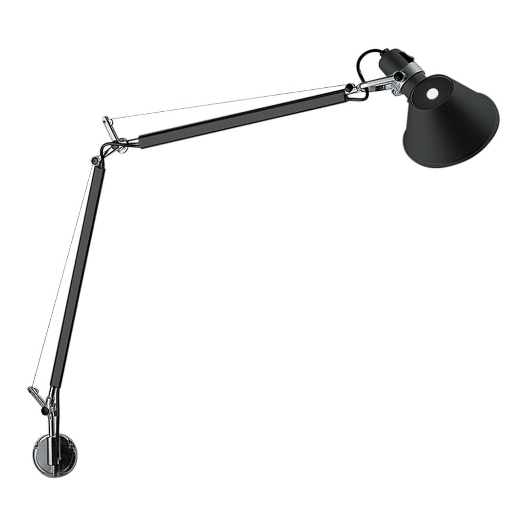 Black adjustable lamp with chrome accents and a sleek, modern design. Ideal for home or office use.