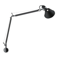 Black adjustable lamp with chrome accents and a sleek, modern design. Ideal for home or office use.