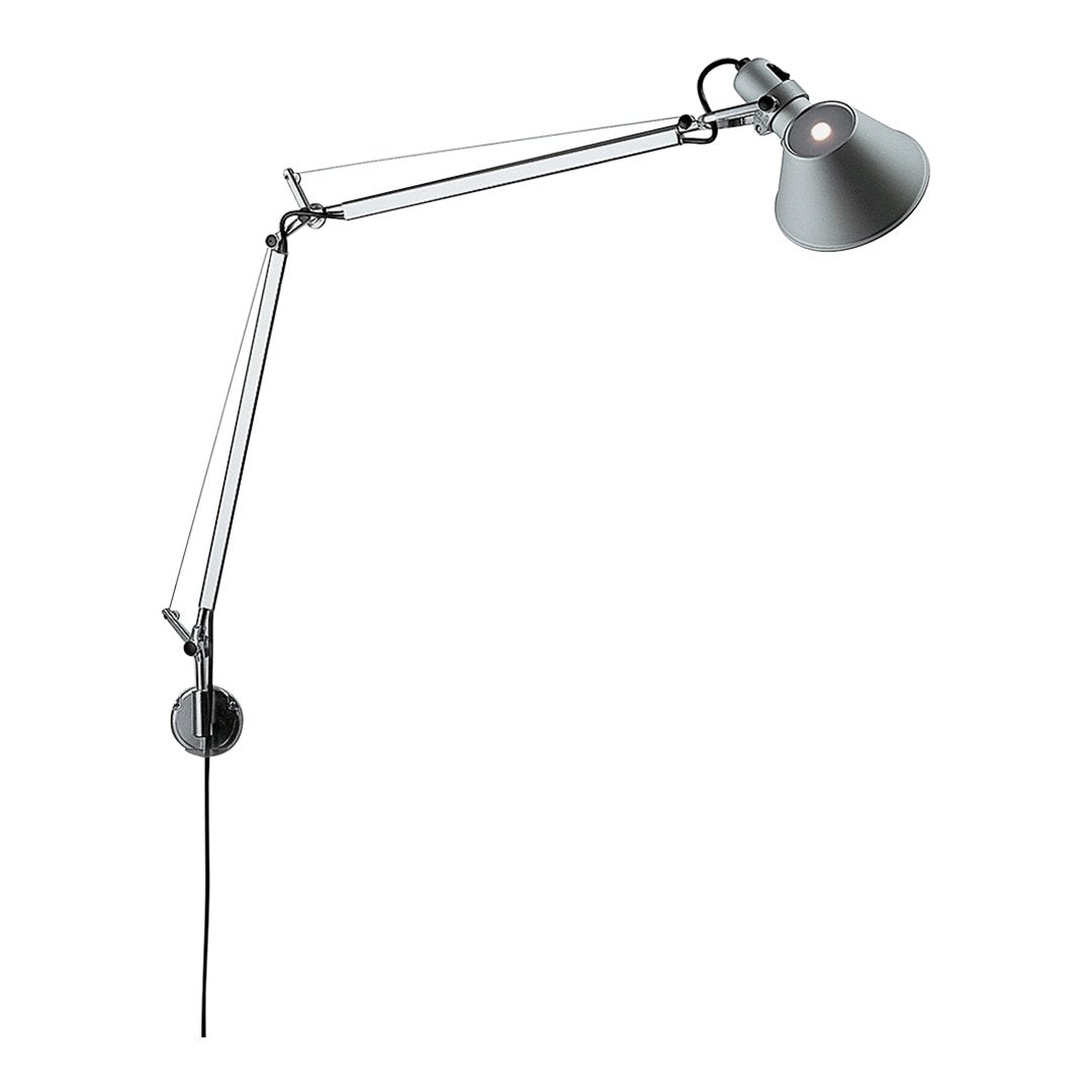 Adjustable silver wall lamp with a sleek metallic finish and minimalist design on a black cord.