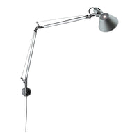 Adjustable silver wall lamp with a sleek metallic finish and minimalist design on a black cord.