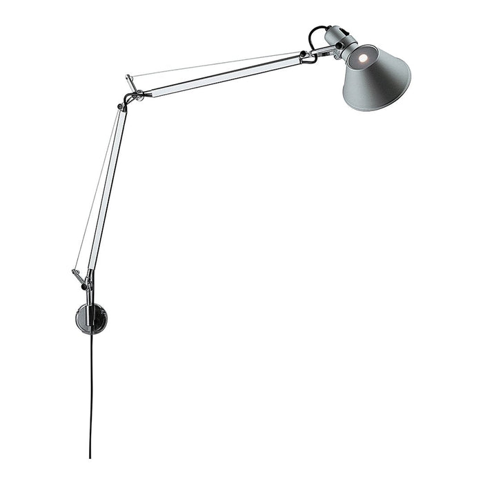 Adjustable silver wall lamp with a sleek metallic finish and minimalist design on a black cord.