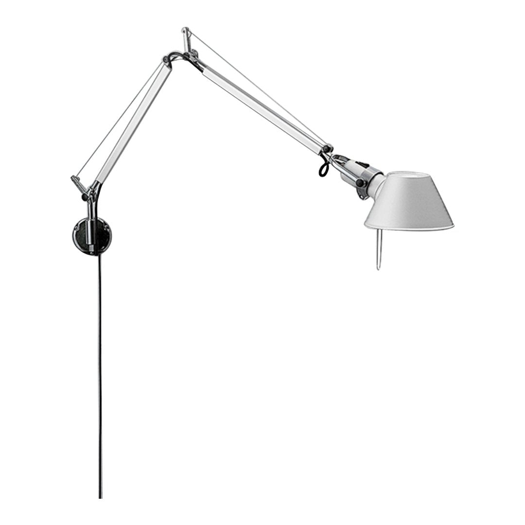 Adjustable wall lamp with a sleek chrome finish and a minimalist white shade, featuring clean lines and modern design.