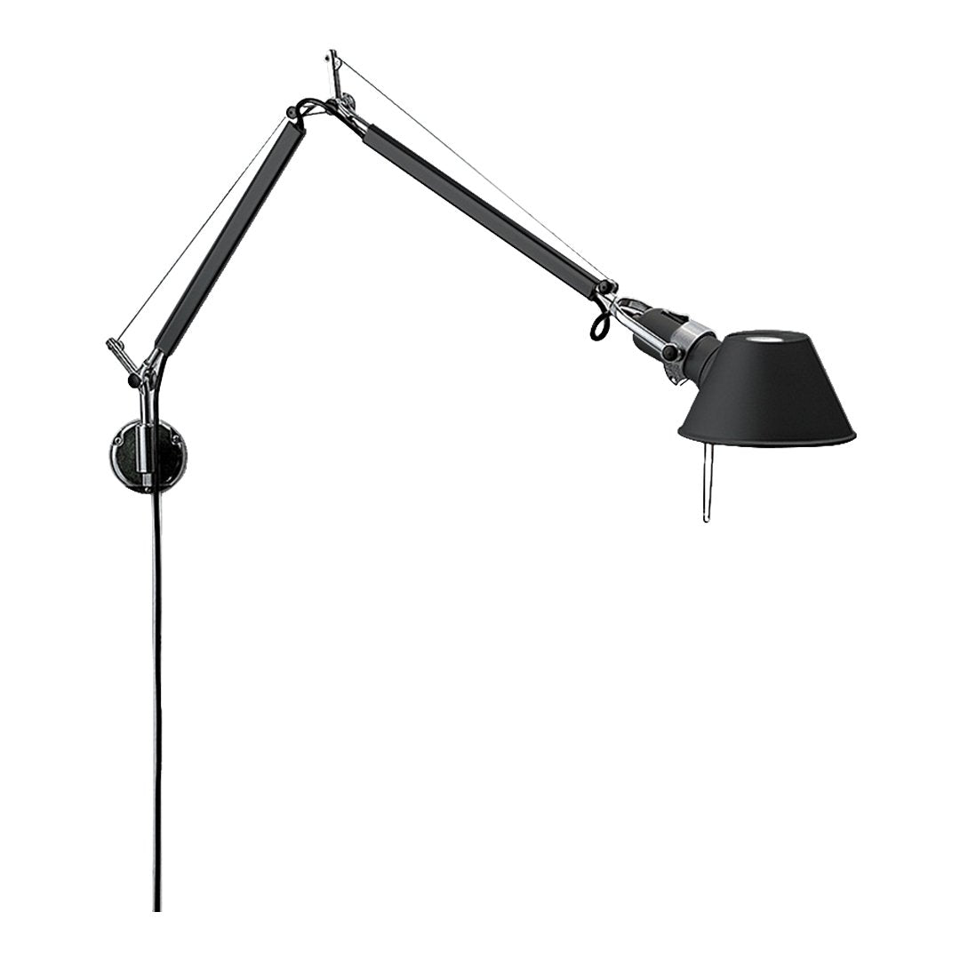 Black adjustable wall lamp with sleek metal arm and shade. Modern design featuring minimalist style and clean lines.
