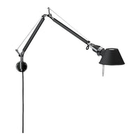Black adjustable wall lamp with sleek metal arm and shade. Modern design featuring minimalist style and clean lines.
