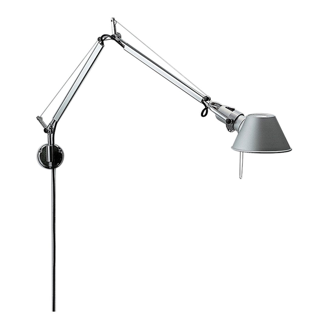 "Adjustable wall lamp with a sleek chrome finish and a minimalist gray shade for a modern decor touch."