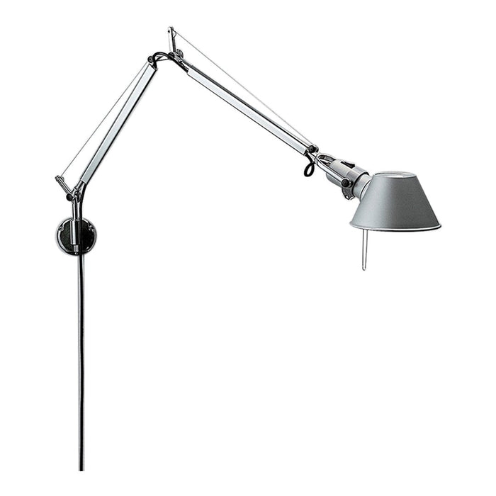 "Adjustable wall lamp with a sleek chrome finish and a minimalist gray shade for a modern decor touch."