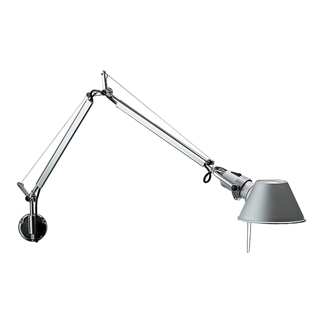 Silver adjustable lamp with a sleek metallic finish and simple shade design, featuring a minimalistic modern aesthetic.