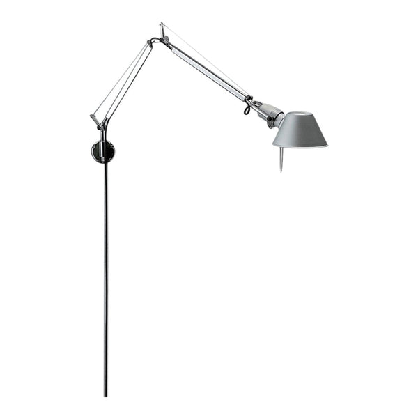 Adjustable chrome and matte gray lamp with a sleek, modern design and minimalistic patterns. Perfect for contemporary decor.