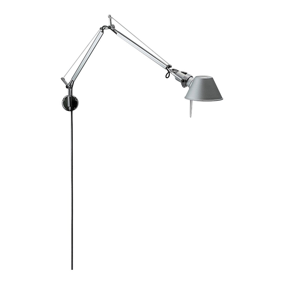 "Modern adjustable lamp in sleek silver and black, featuring a minimalist design with clean lines."