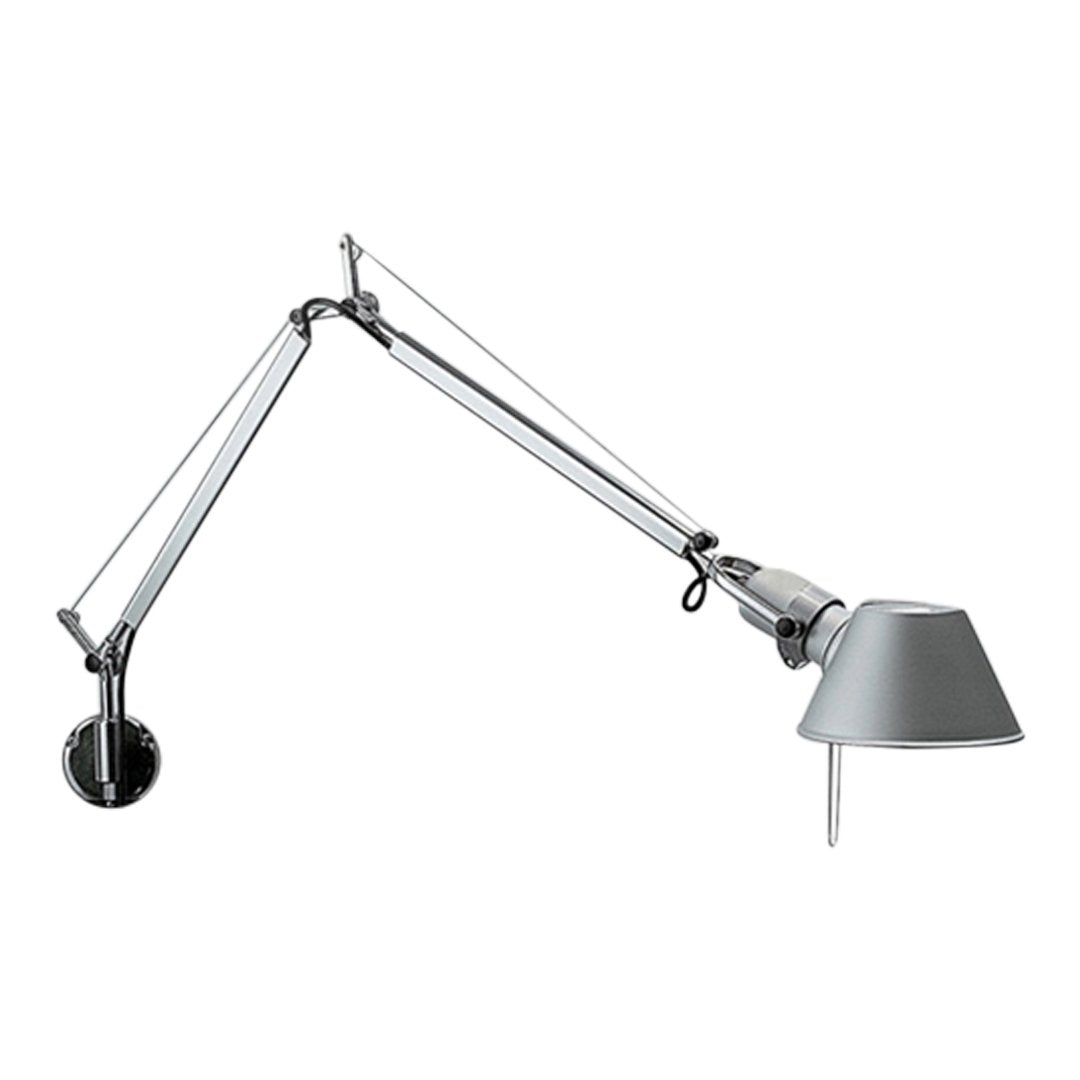Silver articulated lamp with a sleek metallic finish and minimalist design, featuring a simple gray shade.