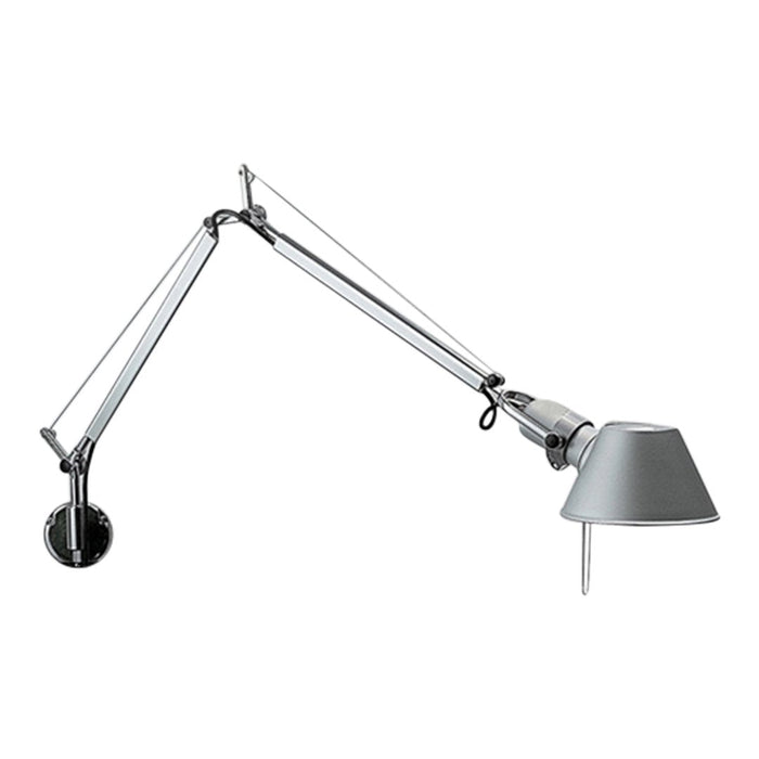 Silver articulated lamp with a sleek metallic finish and minimalist design, featuring a simple gray shade.