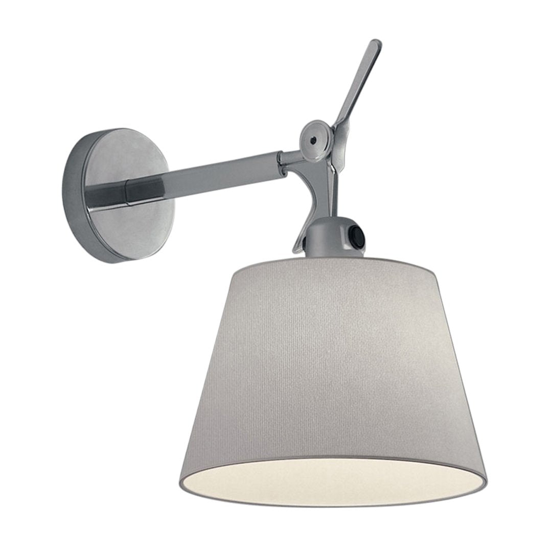 Gray fabric lamp shade with a sleek metallic bracket, featuring a minimalist design. Perfect for modern decor.