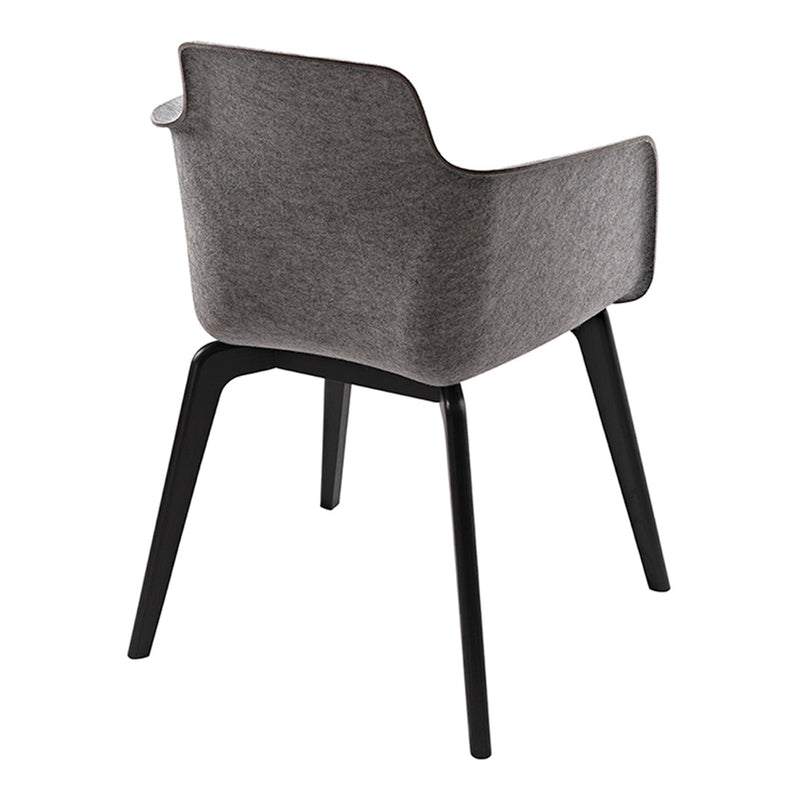 Gray upholstered chair with a sleek black base, featuring a minimalist design and smooth fabric texture.