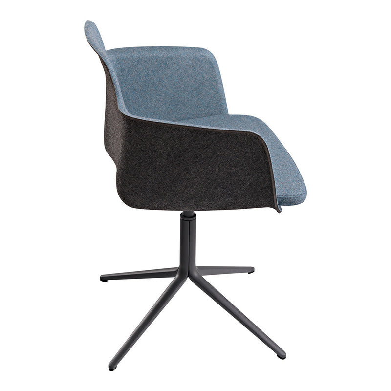 Blue and grey upholstered chair with a sleek black metal base, featuring a modern and minimalist design.