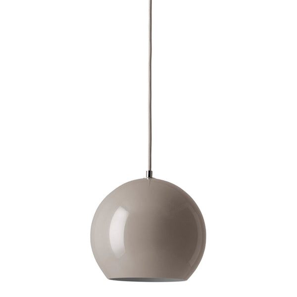 "Glossy beige pendant lamp with a sleek, round shape, perfect for modern decor."