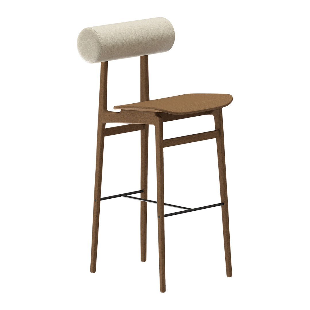 Minimalist bar stool in rich brown wood with a sleek cream cushion and subtle curved details. Perfect for modern spaces.