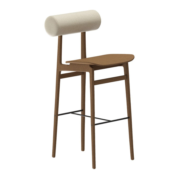 Minimalist bar stool in rich brown wood with a sleek cream cushion and subtle curved details. Perfect for modern spaces.