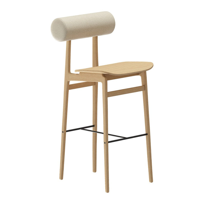 Light wood bar stool with a cream circular backrest and minimalist design, perfect for modern decor.