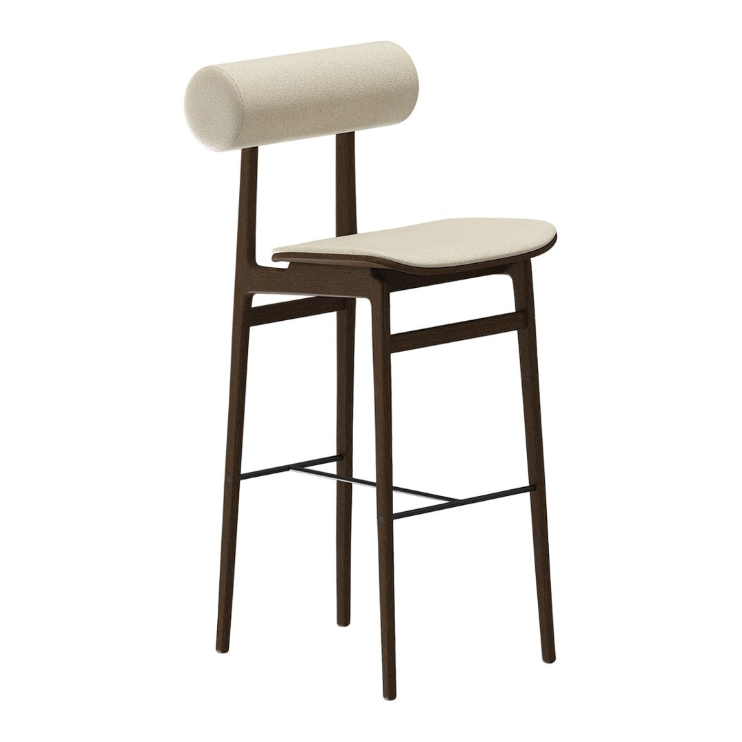 Beige upholstered bar stool with a round backrest and sleek brown wooden legs, featuring a minimalist design.