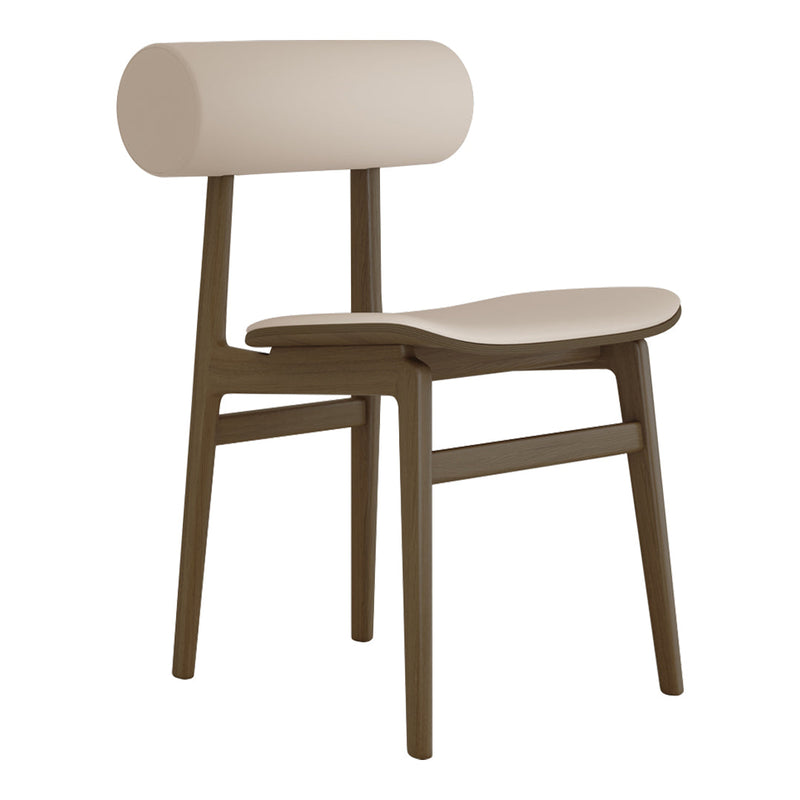 Beige upholstered chair with a rounded backrest and dark wood legs, featuring a minimalist design.